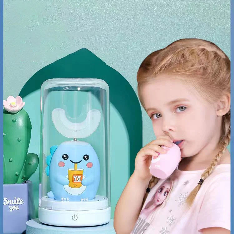 U-shaped Electric Sonic Toothbrush for Kids Children Cartoon Pattern Rechargeable 360Degree Automatic Toothbrush Blue Light IPX7