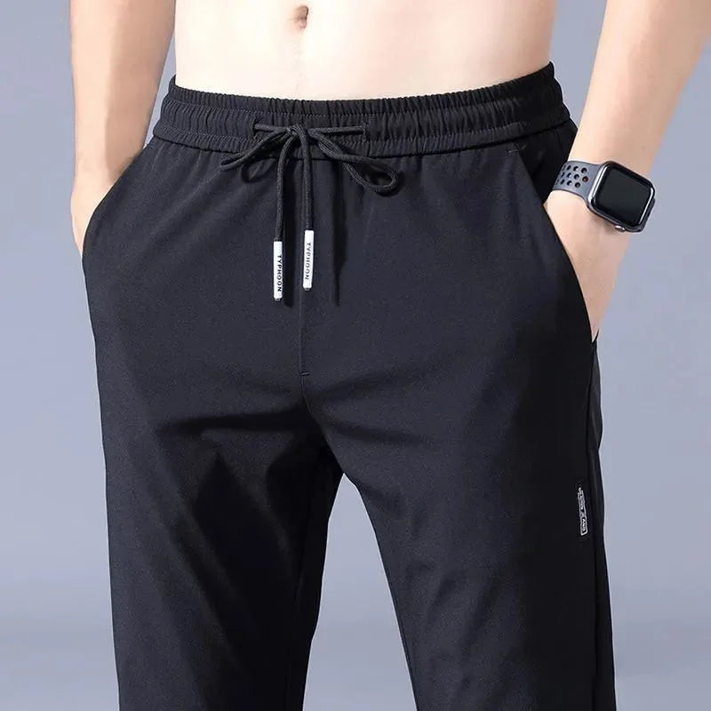 Ice Silk Men's Pants 2024 Summer New Black Gray Thin Business Casual Pants Outdoor Elastic Breathable Straight Leg Sweatpants