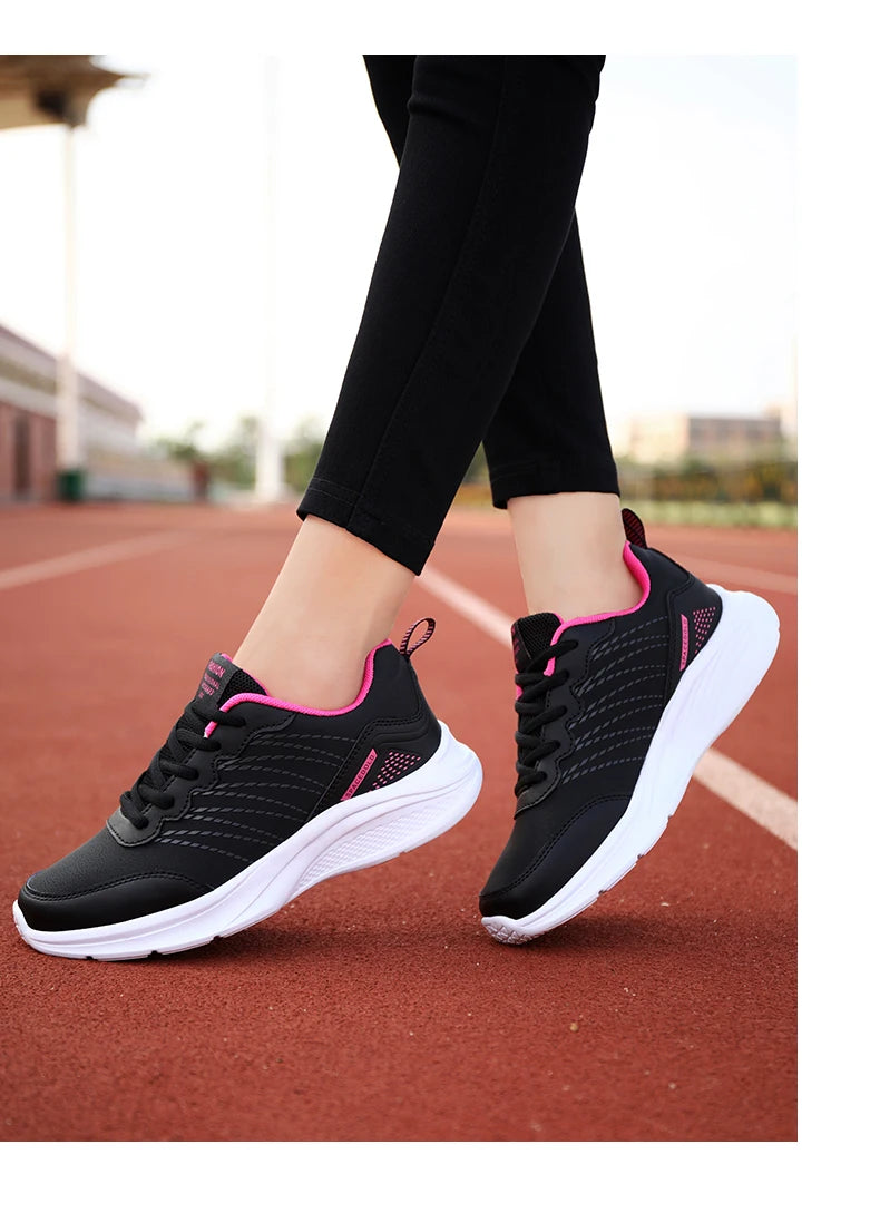 Waterproof Leather Chunky Sneakers for Women, Running Shoes, Casual Sports Shoes, Black Trainers, Autumn, Spring