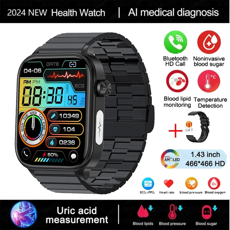 2024 New Medical Grade Smart Watch Men Blood Glucose Lipid and Uric Acid AI Diagnostic Detector Bluetooth Call Health Smartwatch