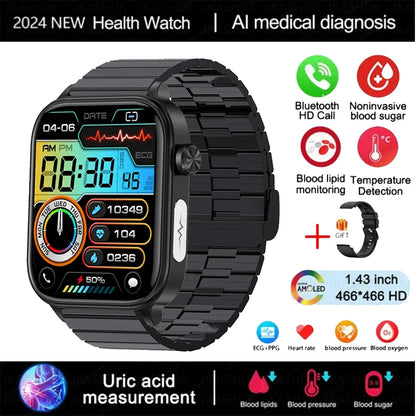 2024 New Medical Grade Smart Watch Men Blood Glucose Lipid and Uric Acid AI Diagnostic Detector Bluetooth Call Health Smartwatch