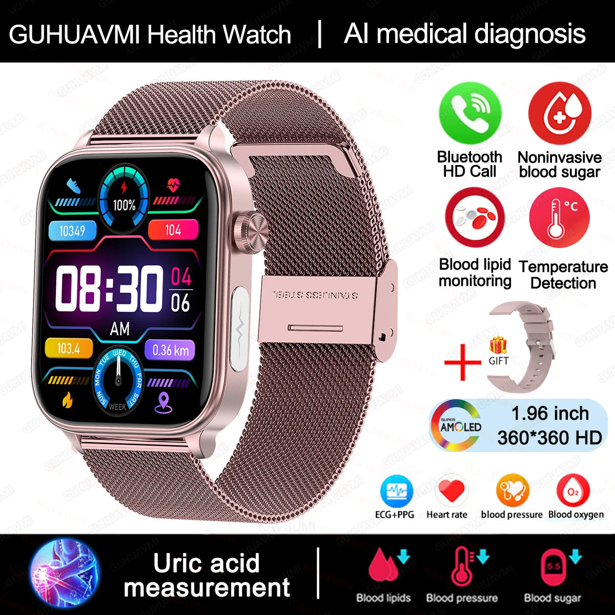 AI Medical Grade Health Smart Watch Women ECG+PPG+HRV Micro Examination Blood Sugar Fat Uric Acid Heart Rate BT Call Smartwatch