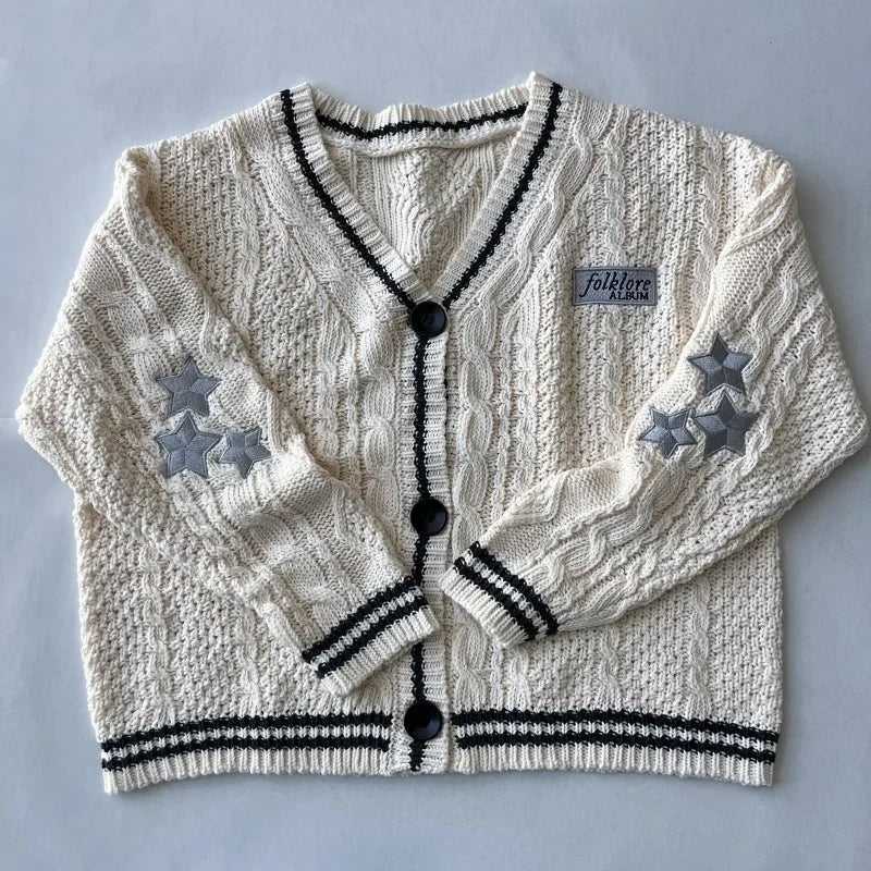 Beige Folklore Cardigan Women Letter Patch with Star Embroidered Knitted Sweater Female Winter Autumn Casual Oversized Cardigans