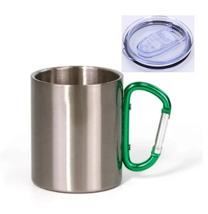 DIY Carabiner Cup with Cap Cover Lid Option 300ML Customized Logo Photo Stainless Steel Mug Hiker Outdoor Camp Travel Portable