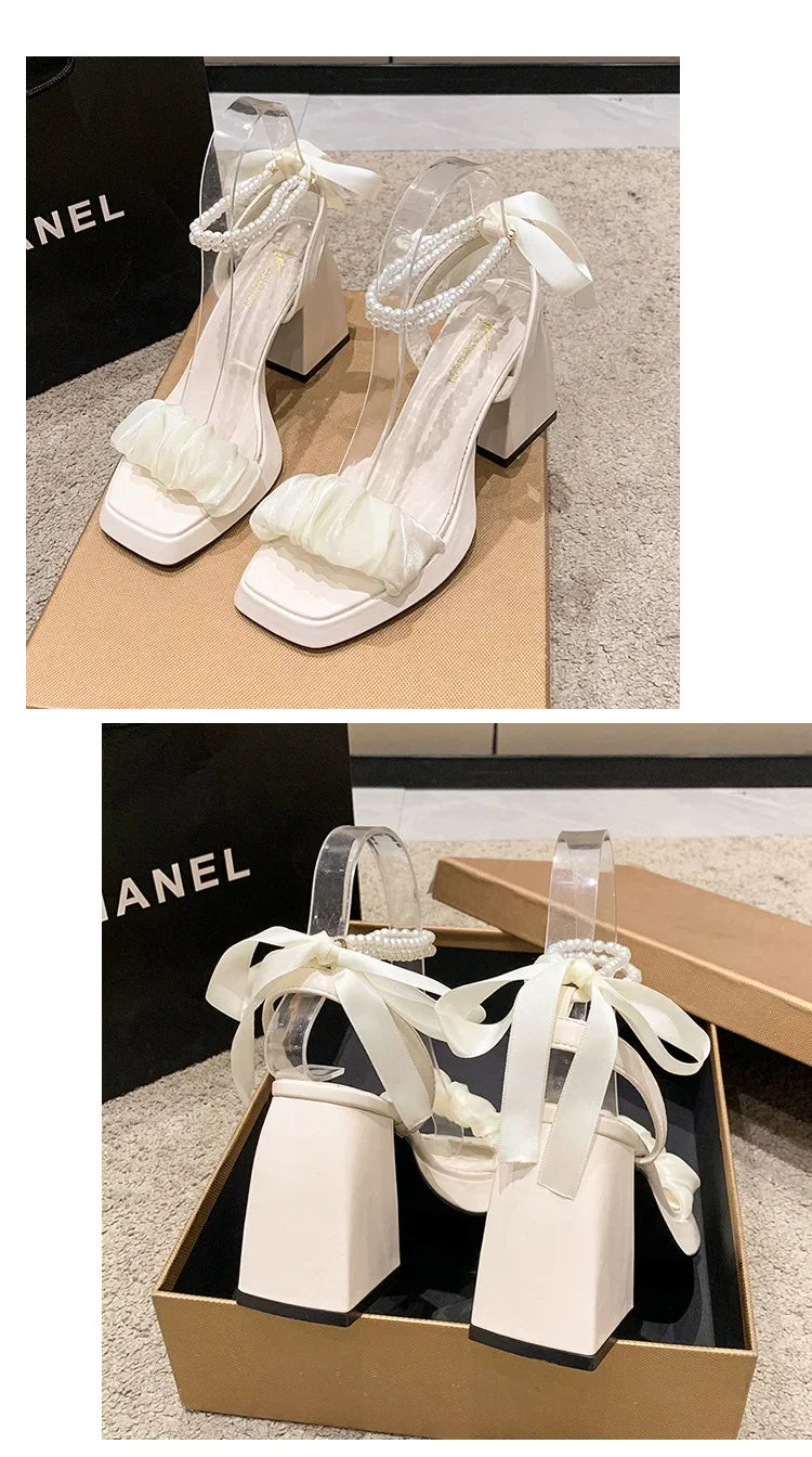 Shoes for Women Pearl Sandals Suit Female Beige Increasing Height Block Heels All-Match Black Bow 2024 Fashion Chunky Sandals