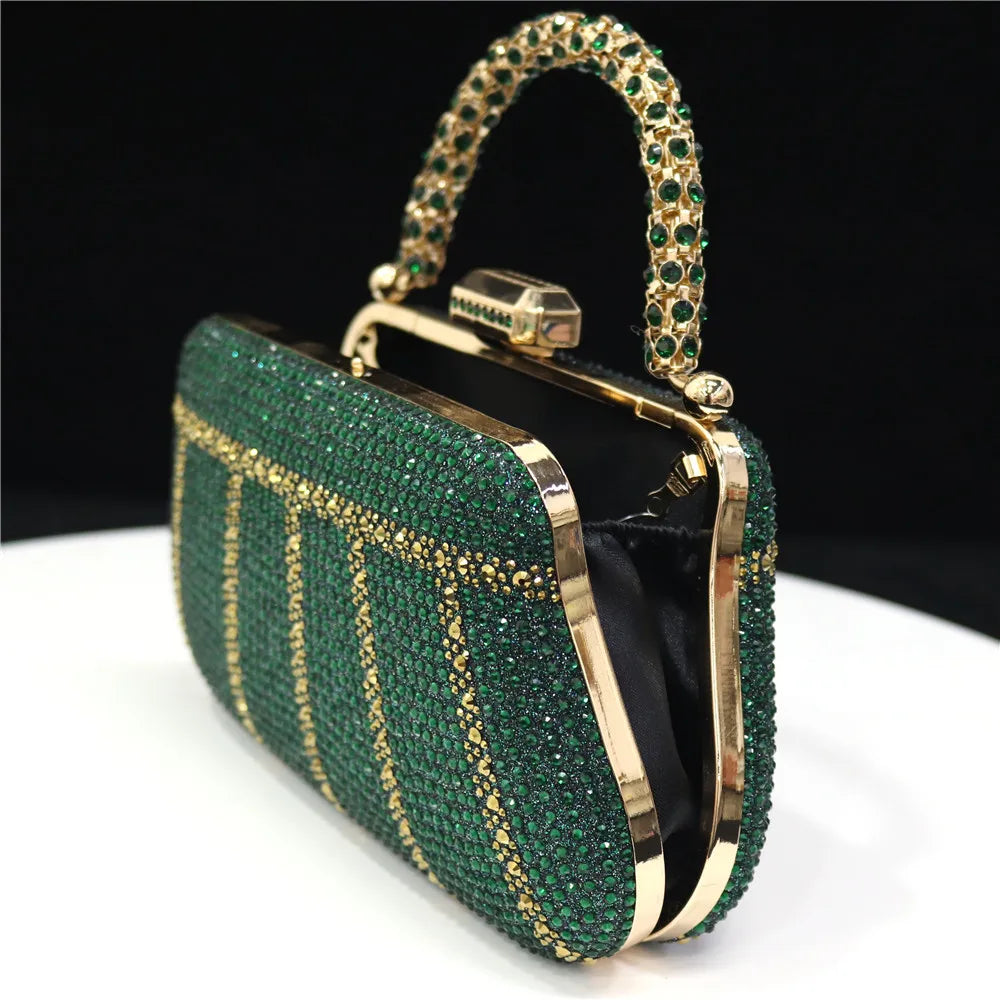 Popular In Nigeria Exquisite Evening Bags With Diamond Design Fashion Handle Clutch Rhinestone Embellished Long Chain Bag