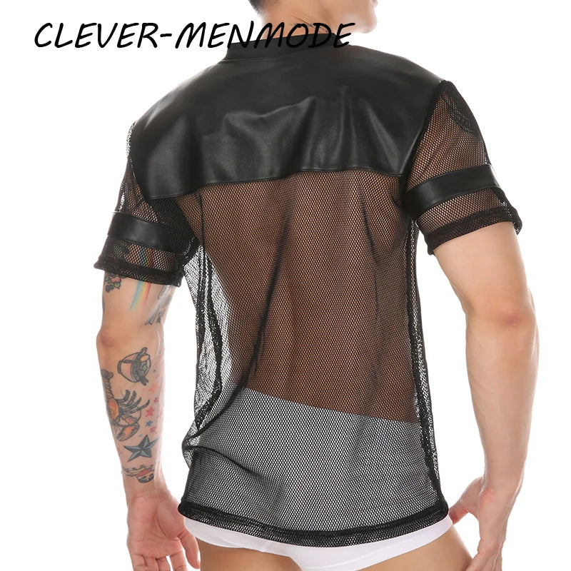 Men's Sexy Faux Leather Fishnet Short Sleeve Cutout PU T Sleeve Breathable V-Neck Short Sleeve Basketball Jersey Sportswear