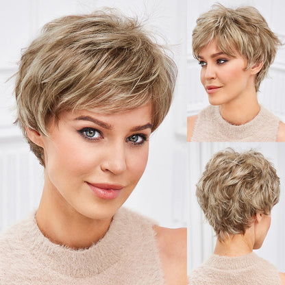 Light Blonde Mixed Off-White Short Pixie Cut Wigs for Women With Bangs Kanekalon Human-hair Like Texture Natural Layered Hair