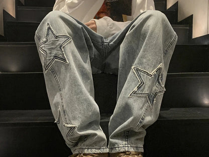 New Fashion Five-pointed Star Jeans Men High-waisted Vintage Streetwear Men Pants Baggy Winter Wide-leg Jeans Denim Men Clothing