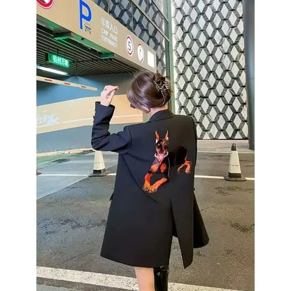 Black Embroidered Blazer Women's Spring Autumn New Korean Version Loose Niche Design Casual Temperament Suit Comfortable 2025