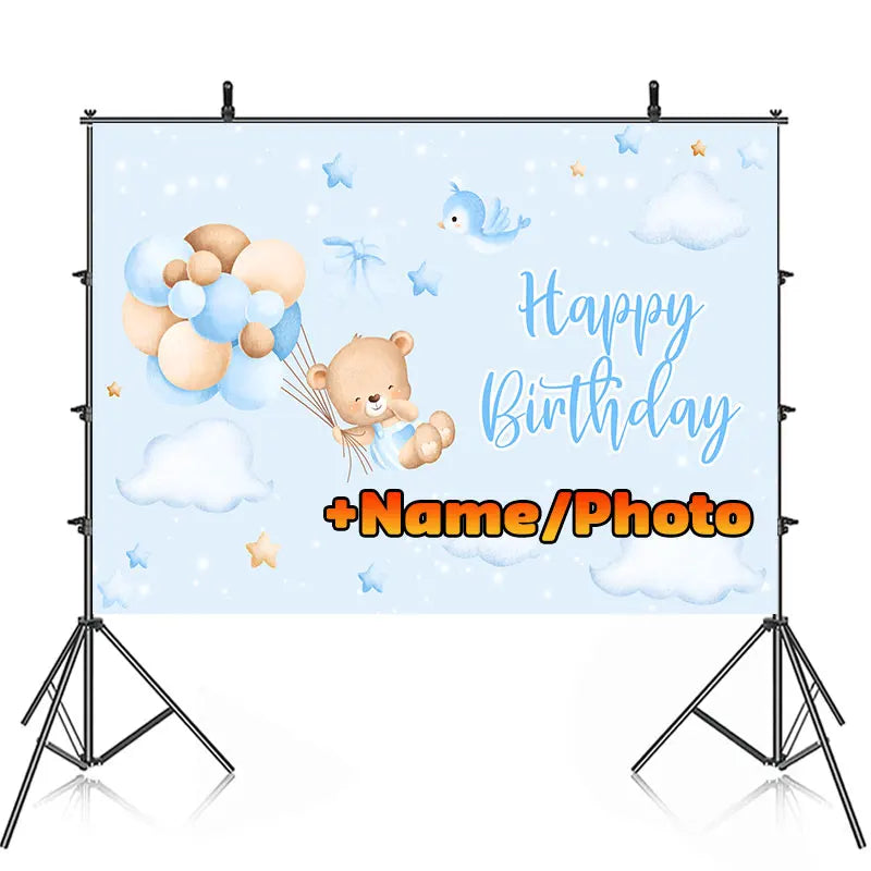 Happy Christening Baptism Birthday Party Backdrop Photography Baby Shower For Pink Bear Background Banner Custom Name Pic