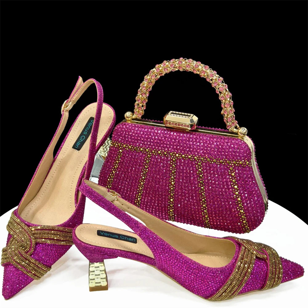 Venus Chan-Nigerian Heel Party for Women Shoes and Bag Set Champagne Colour Rhinestone Handbag Italian Design Wedding INS 2024