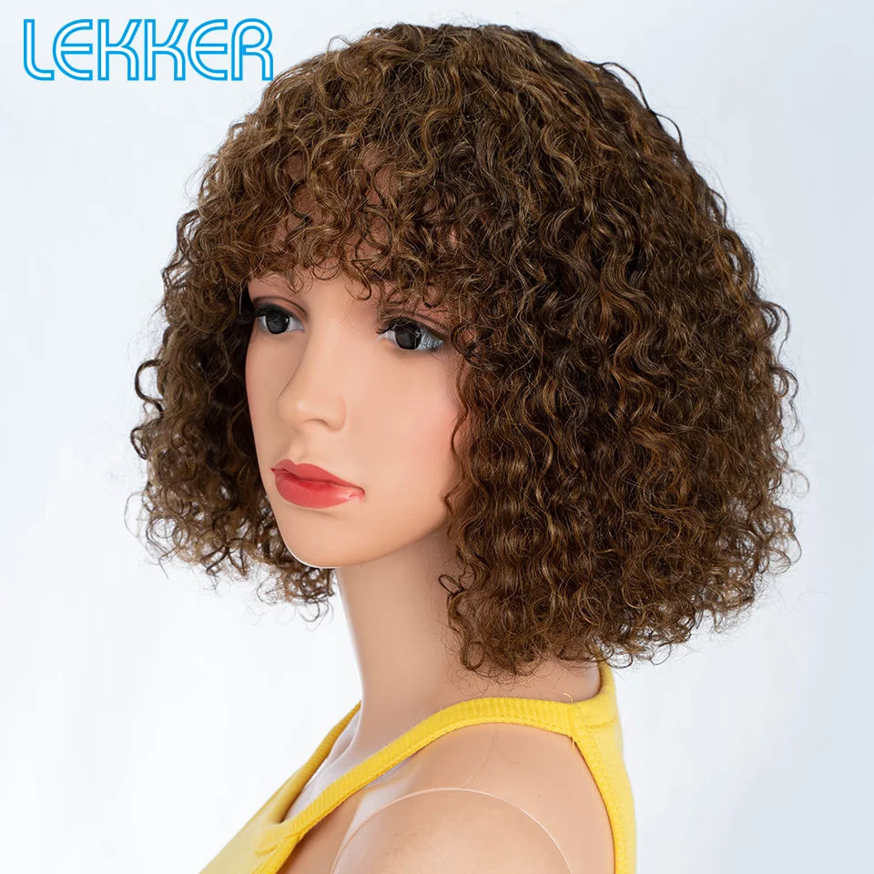 Lekker Colored Short Pixie Afro Kinky Curly Bob 100% Human Hair Wigs With Bangs For Women Brazilian Remy Hair Ombre Brown Wigs