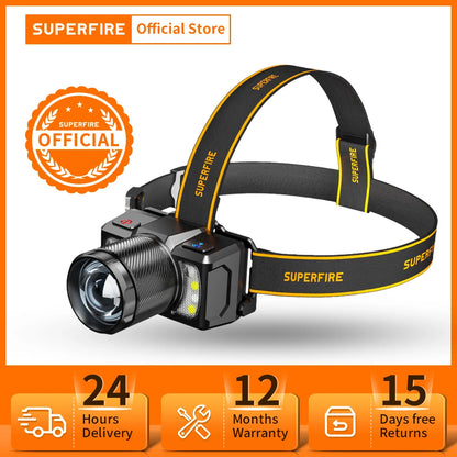 SUPERFIRE HL25 COB+LED Sensor Headlamp 15W USB-C Rechargeable Zoomable Headlight Fishing Waterproof Super bright camping Lantern