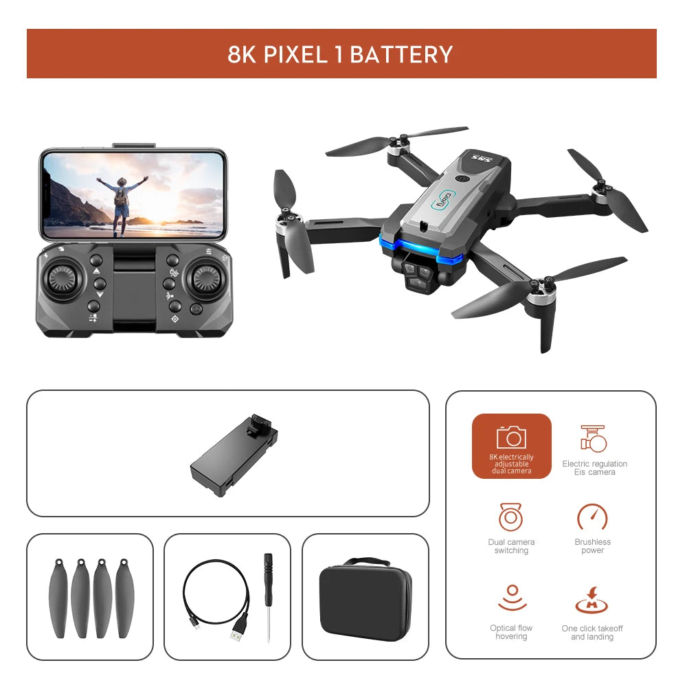 New S8S RC Drone Brushless 8K Three ESC Camera Optical Flow 360° Obstacle Avoidance Headless Mode Foldable Quadcopter