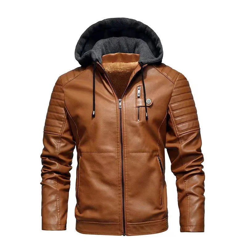 Fashion Men's Hooded Jacket Autumn Winter Faux Leather Jacket Men Military Style Outwear Motocycle New Brand Zipper Pockets Coat