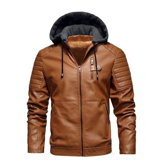 Fashion Men's Hooded Jacket Autumn Winter Faux Leather Jacket Men Military Style Outwear Motocycle New Brand Zipper Pockets Coat