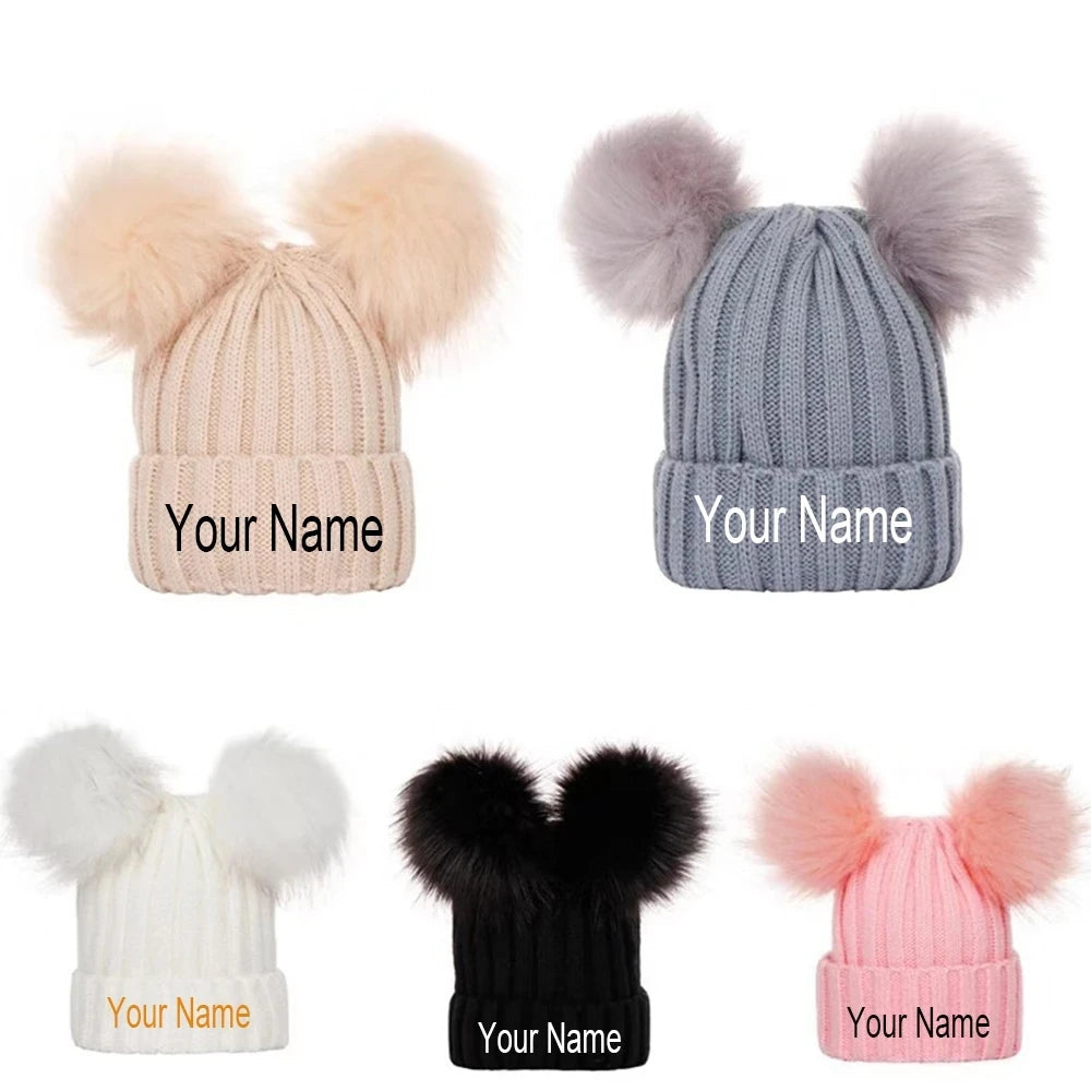 Embroidered Name Kids Double Pom Pom Beanies Hat Christmas Baby Shower Gift Winter Hat Personalized Baby Name New Year Hat