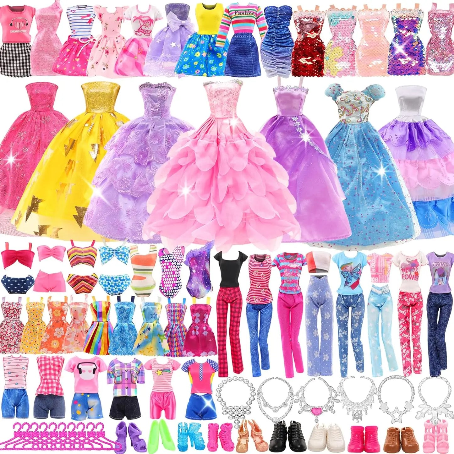 45PCS 11.5'' Doll Clothes =2 Wedding Gown 2 Tops 2 Pants 2 Dress 2 Swimsuit 5 Braces Skirt 10 shoes 22 Accessories for Barbie