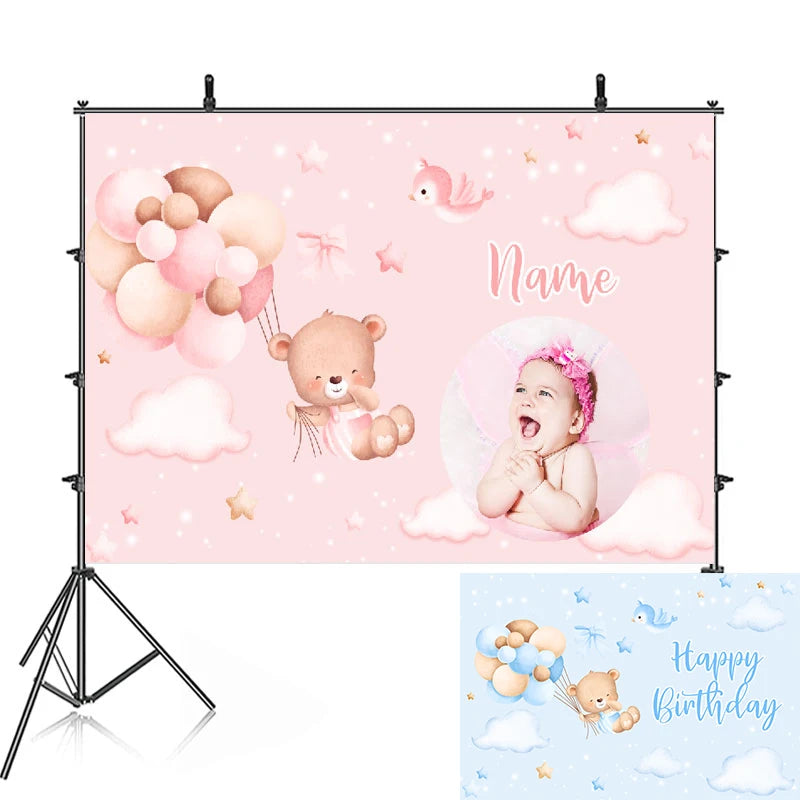 Happy Christening Baptism Birthday Party Backdrop Photography Baby Shower For Pink Bear Background Banner Custom Name Pic