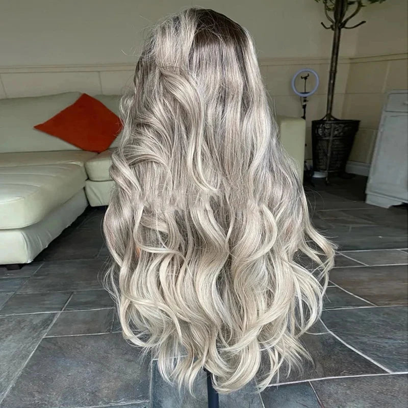 28 Inches Ombre Ash Grey Blonde Body Wave Synthetic Lace Front Wig Free Part Lace Wig With Natural Preplucked Hairline For Women