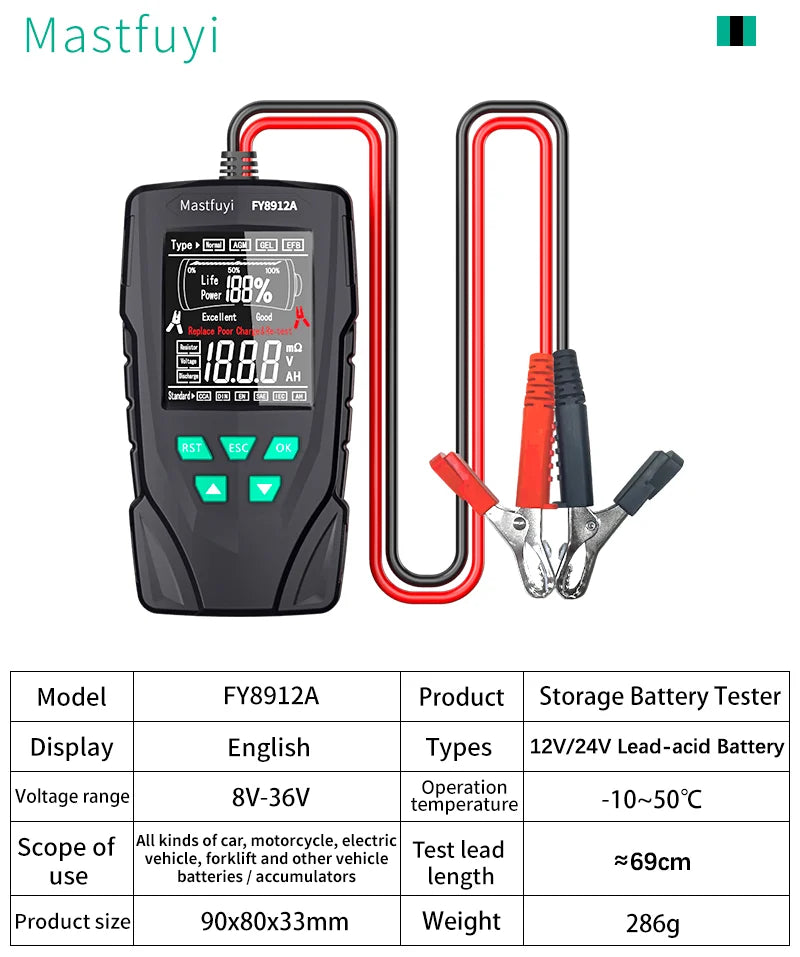 MASTFUYI Car Battery Tester 12V/24V Battery System Analyzer 50-2000CCA Battery Health Display Comprehensive Diagnostic Test Tool