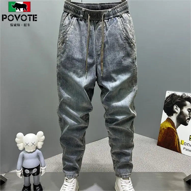 Casual Vintage Men's Fashion Drawstring Jeans with Thickened Fleece and Loose Harem Pants for Autumn and Winter Cargo Trousers