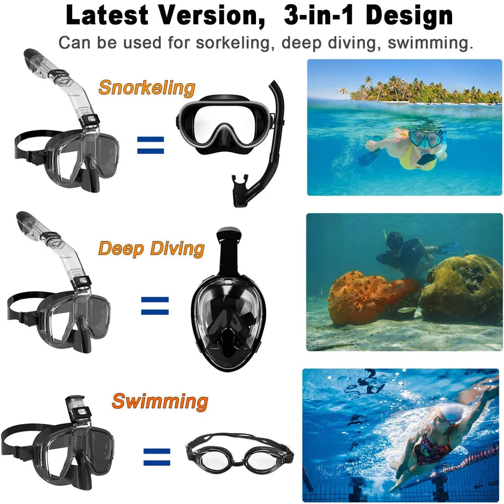 Diving Masks Foldable Anti-Fog Snorkel Mask Set with Full Dry Top System for Free Swim Professional Snorkeling Gear Adults Kids