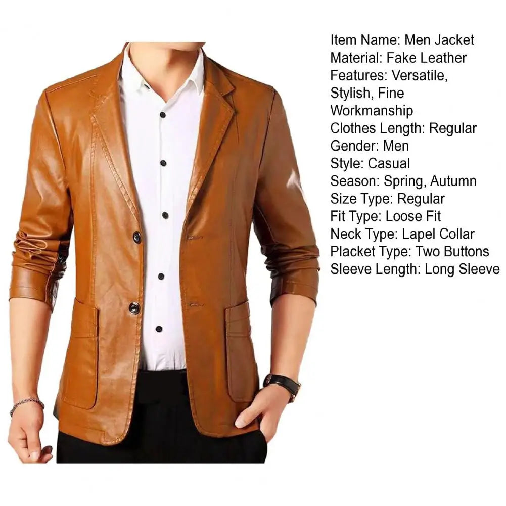 Fashionable Men Jacket with Cuff Buttons Stylish Men's Faux Leather Jacket with Lapel Collar Button Cuffs Pocket for Outdoor