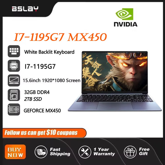 NVIDIA MX450 i7 1195g7 DDr4 32G RAM 2TB SSD Laptop 15.6 Inch Laptop Core Window11 Pro 1920*1080 Screen Portable Gaming Notebook