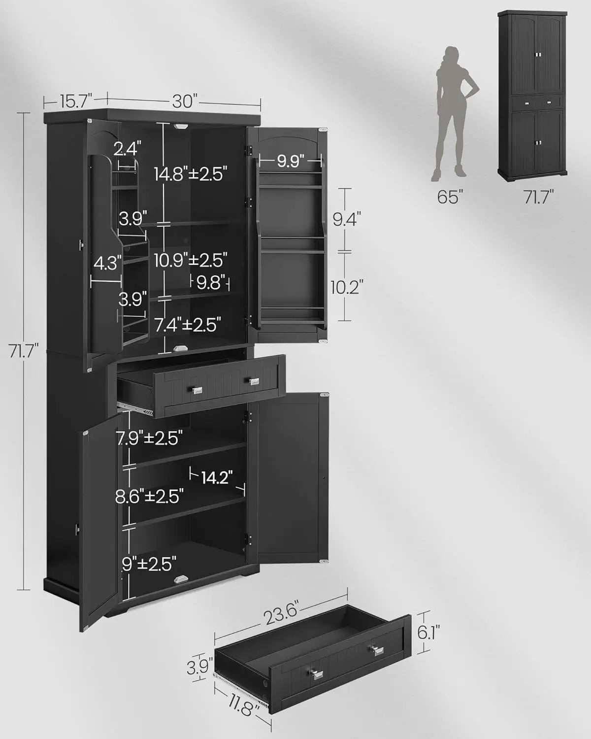 Pantry Cabinet, 15.7 x 30 x 71.7 Inches Freestanding Tall Cupboard Storage Cabinet with a Drawer 2 Cabinets 4 Adjustable Shelves