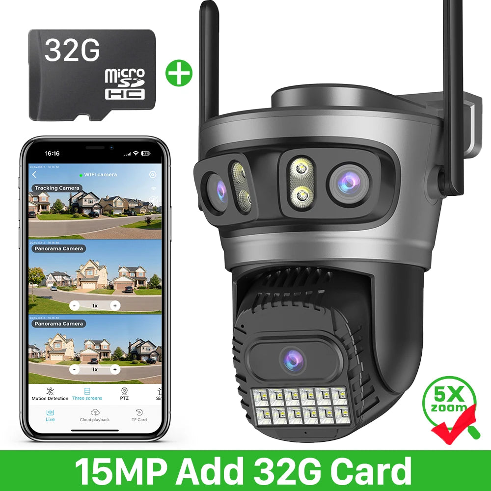 15MP 8K Three Lens Three Screens PTZ Wifi Camera Outdoor HD 5G Wifi Security Camera Ai Human Detection Home Surveillance Camera