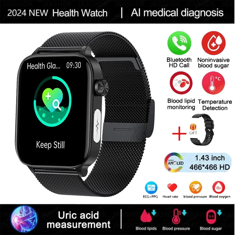 2024 New Medical Grade Smart Watch Men Blood Glucose Lipid and Uric Acid AI Diagnostic Detector Bluetooth Call Health Smartwatch