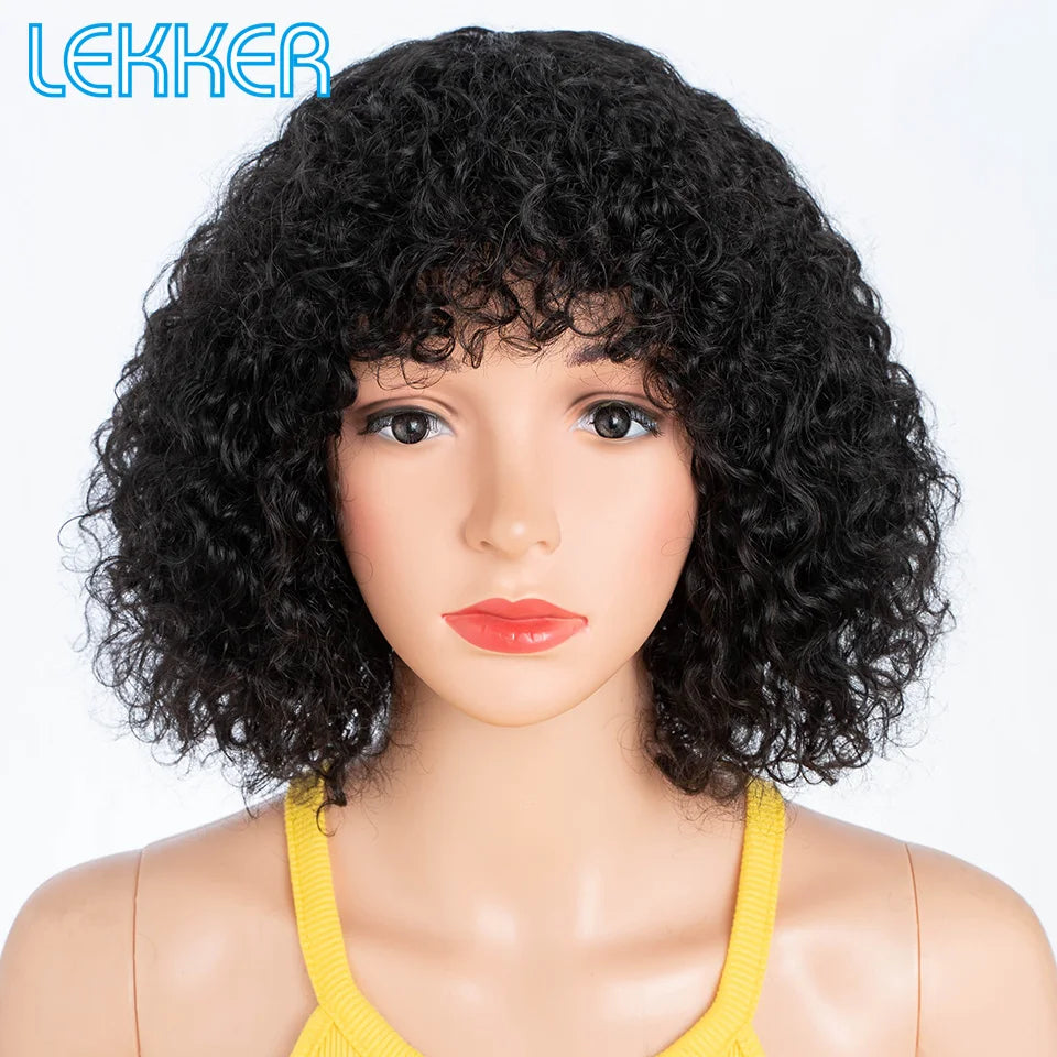 Lekker Colored Short Pixie Afro Kinky Curly Bob 100% Human Hair Wigs With Bangs For Women Brazilian Remy Hair Ombre Brown Wigs