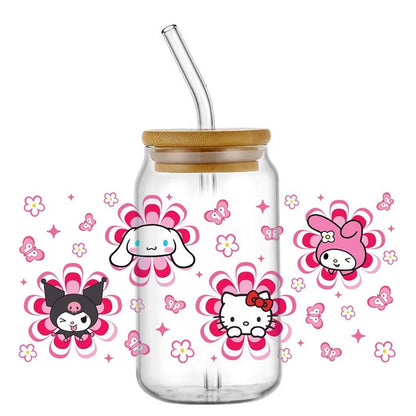 Miniso New Hello Kitty Theme For Libbey 16oz Can Glass Kuromi Coffee Waterproof UV DTF Coffee Can Wrap Libbey Glass 3D Wrap