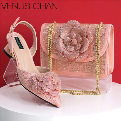 Peach Color Elegant Lady Shoes And Bag Set with Rhinestone Embellished Pearls-knot Wear-resistant And Comfortable Heel