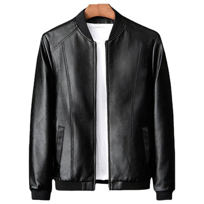 Men Jacket Faux Leather Solid Color Stand Collar Coat Smooth Zipper Neck Windproof Outerwear For Autumn Winter