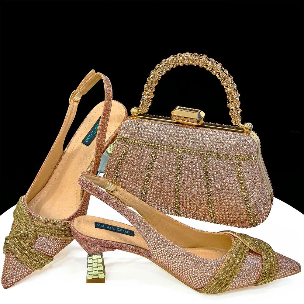 Venus Chan-Nigerian Heel Party for Women Shoes and Bag Set Champagne Colour Rhinestone Handbag Italian Design Wedding INS 2024