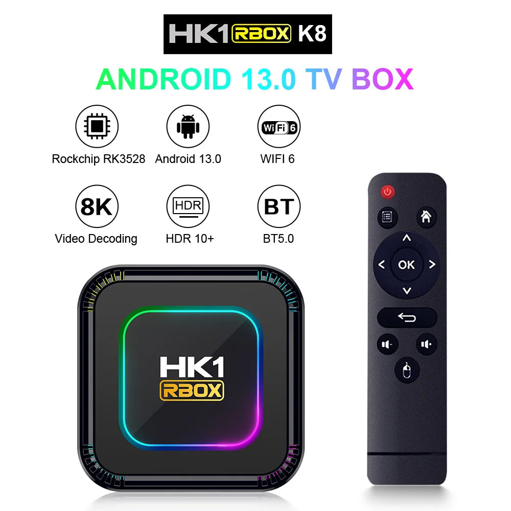 HK1 RBOX K8 Android 13 TV BOX RK3528 4G 32G 64G 128G 5G WIFI6 4K 8K 3D BT Smart TVBOX Google Global Media Player Set Top BOX