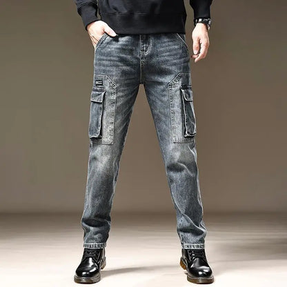 American Fashion High Street Loose Straight Cargo Jeans Men's Solid Patchwork Button Zipper Pockets Versatile Casual Pants 2024