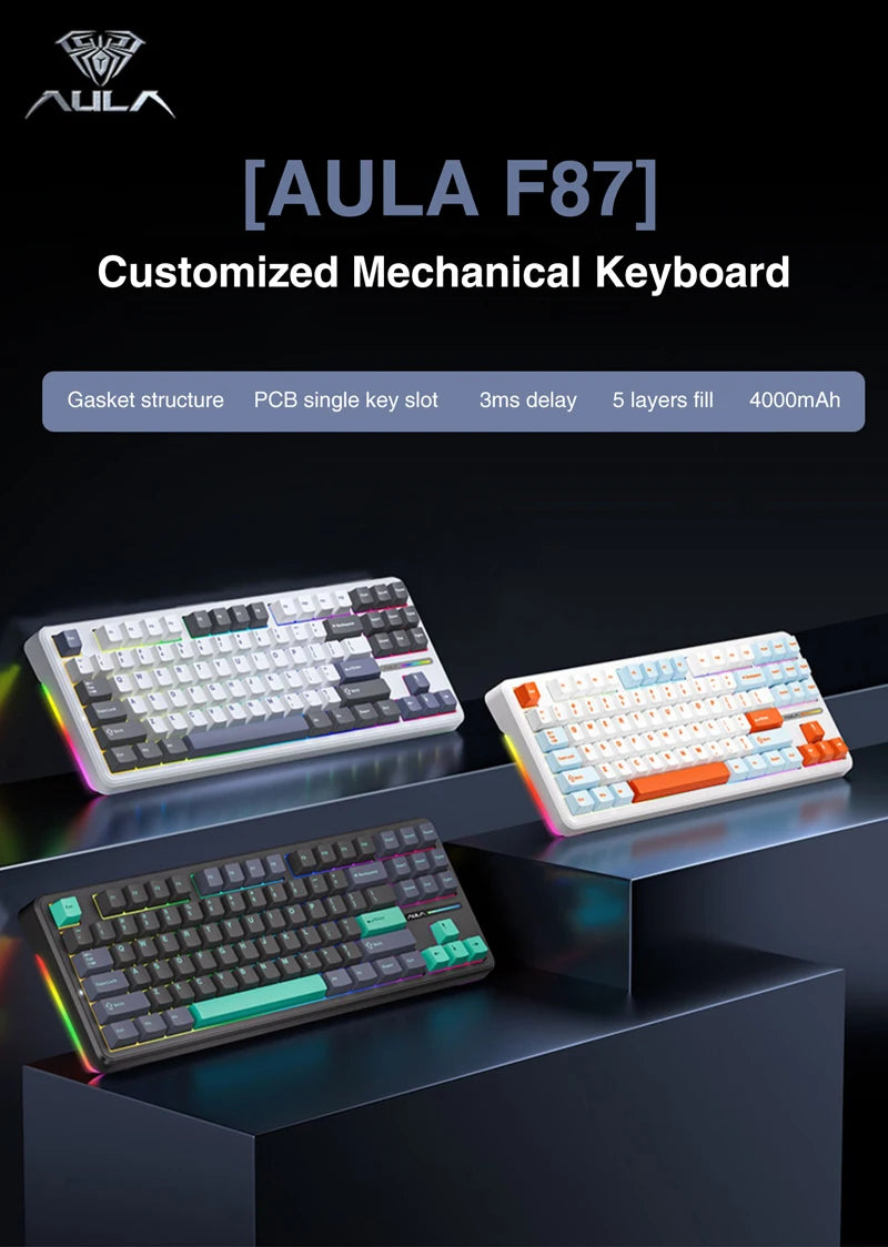 AULA F87 Mechanical Keyboard 2.4G/USB/Bluetooth 3 Mode Wireless Gaming Keyboard 87 Keys Hotswap RGB Gasket Keyboard