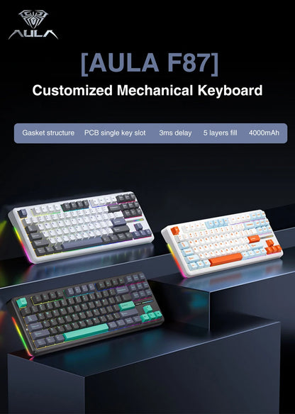 AULA F87 Mechanical Keyboard 2.4G/USB/Bluetooth 3 Mode Wireless Gaming Keyboard 87 Keys Hotswap RGB Gasket Keyboard