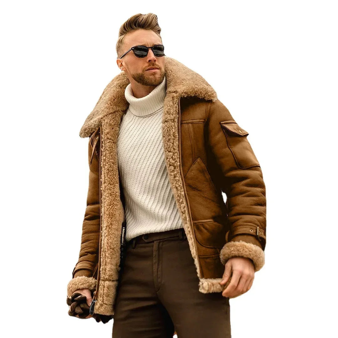 Men Autumn Winter Coat Jacket Faux Leather Solid Color Turndown Collar Zippers Pockets Warm Comfortable Fashion Casual Regular