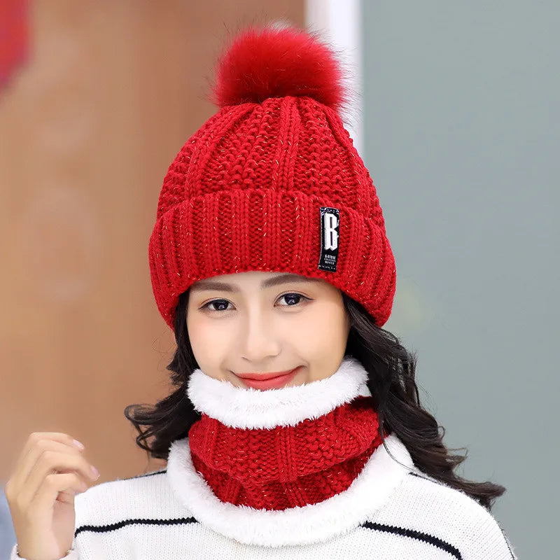 Brand Winter Knitted Scarf Hat Set Thick Warm Skullies Beanies Hats for Women Solid Outdoor Snow Riding Ski Bonnet Caps Girl