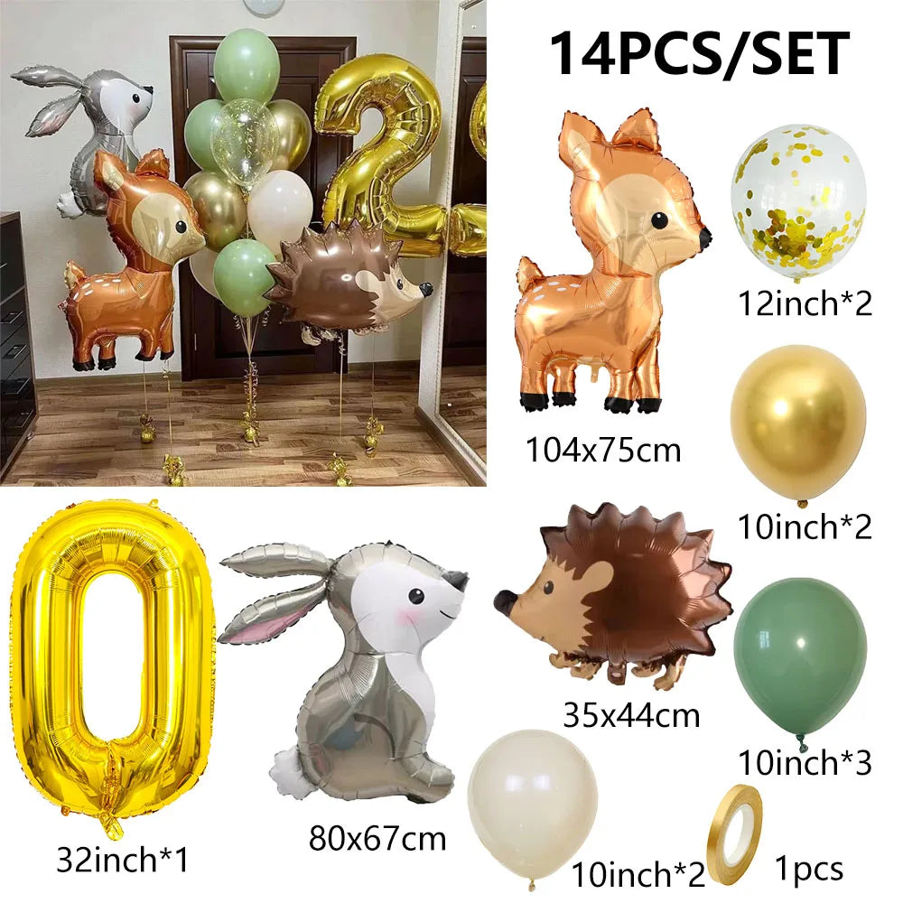 14pcs Gold 32inch Number Animal Foil Balloon Birthday Party Decorations Kids Boy Girl 1 2 3 4 5 6 7 8 9 Year Old Safari Supplies