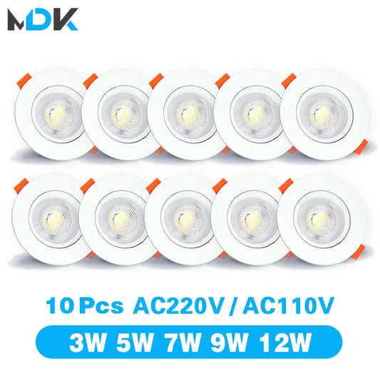 10pcs LED Downlight 5W 7W 9W 12W 3W Angle adjustable Ceiling lamp Spotlights rotating AC220V 110V indoor lighting white color