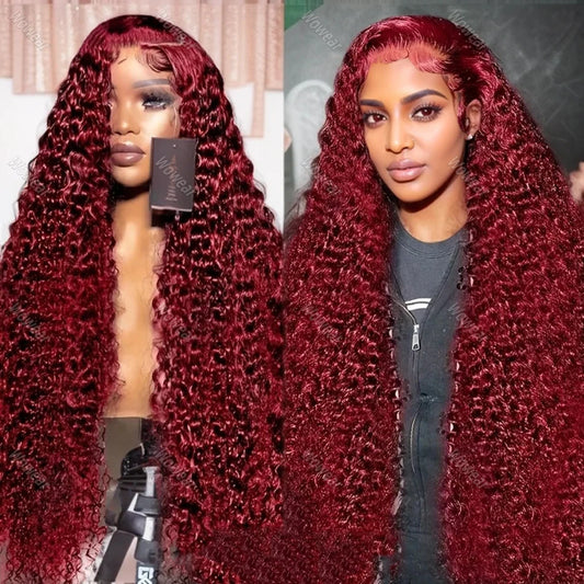 Red Color Deep Wave Burgundy Curly wigs 200 Density 13x4 HD Transparent Lace Front Human 100% Natural Brazilian Hair Frontal Wig