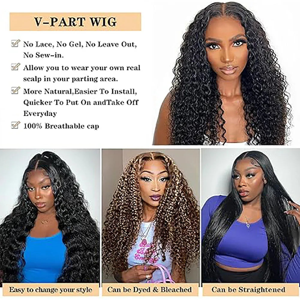 Kinky Curly U Part Human Hair Wig V Part Human Hair Wig No Leave Out No Glue Machine Made Deep Curly Human Hair Wig for Women