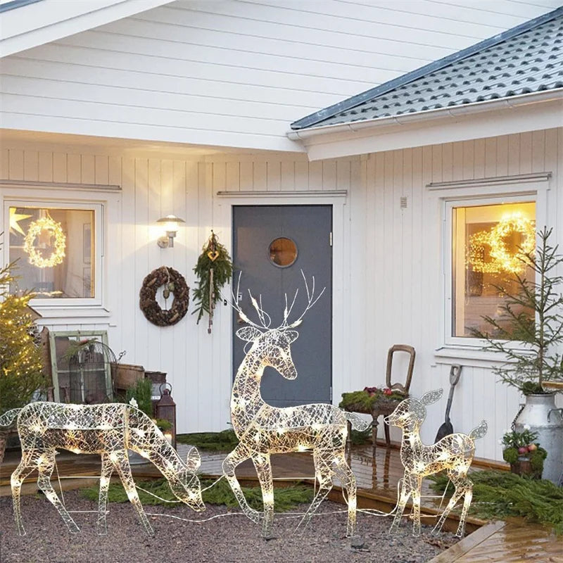 3pcs Iron Art Elk Deer Christmas Garden Decoration With LED Light Glowing Glitter Reindeer Xmas Home Outdoor Yard Ornament Decor