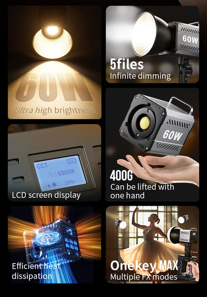 60W COB Video Light CRI≥90 TLCI≥97 Continuous Output Lighting Dual Color Temperature 2700K-6500K Portable Mini Bowens Live Light